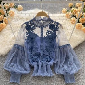 DOWNA 2Pcs/Set Vintage Long Sleeve Blouse Lace Puff 3D Flower Cropped Top Summer Slimming Women Shirts Clothing Women