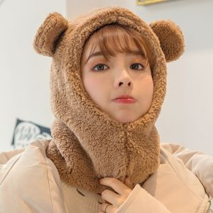 NOVELLEO Cute Bear Ear Hat Scarf Cartoon Windproof Plush Hat Scarf Casual Solid Color Winter Warm Hedging Cap Women