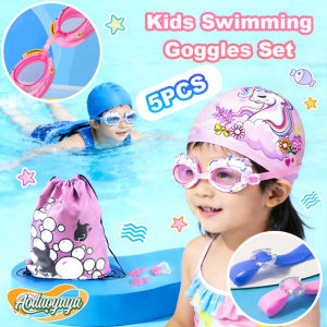 Aoduoyaya Kids Cartoon Swimming Goggles Set with Retractable Swim Cap 5 In 1 Waterproof Swim Eyewear