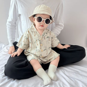 Boys Summer Casual Vacation Style Coconut Tree Short Sleeve Shorts Two-Piece Set Stylish and Trendy Thin Outfit for Young Children