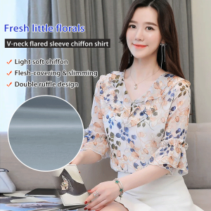 เสื้อชีฟอง อ่อนนุ่ม ความรู้สึกของศิลปะ เสื้อแขนสั้น เบา ความรู้สึกของแฟชั่น ประณีต คุณภาพสูง