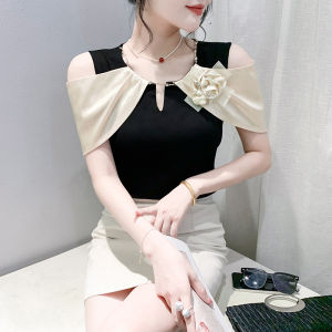 YIMEI New High Quality Party Red Top Off Shoulder 2025 Summer Short Sleeve Design with Unique Chain Round Neck Womens T-shirt Cotton