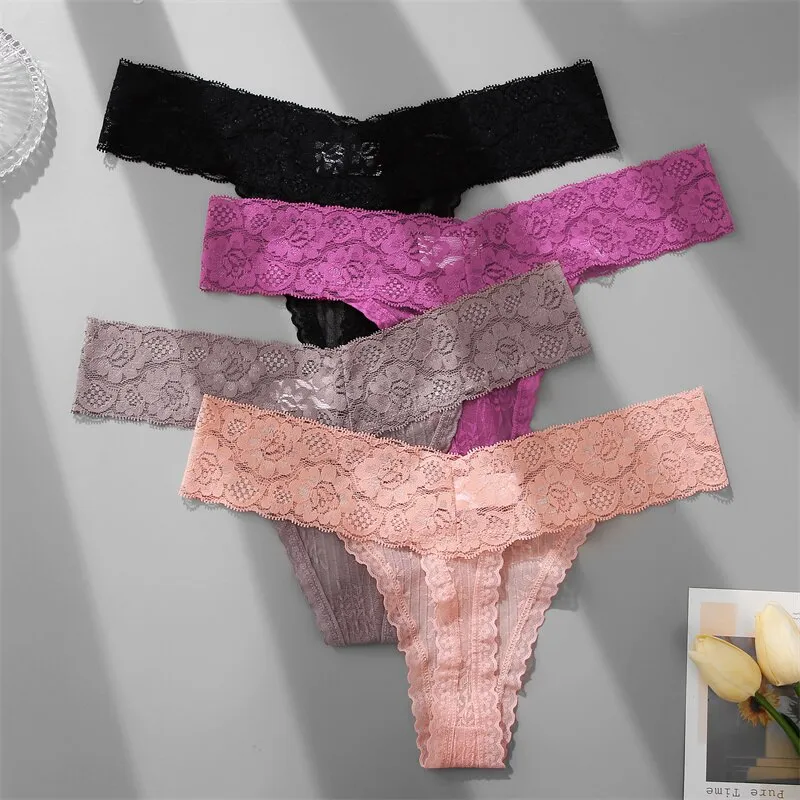 Finetoo 3 Pcs/Set Sexy Thong Women Lace Bikini Panties S-Xl Low Waist  Ladies T-Back Lingerie