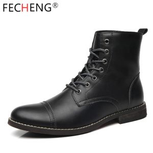 FECHENG Men Fashion Boots British Vintage Genuine Leather Boots Autumn Winter Plus Velvet Warm Mens Ankle Boots Plus Size