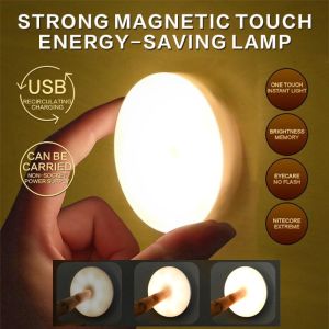 Indoor Corridor Lamp Bedroom Wardrobe Rechargeable Dimming LED Round Circle Touch Night Light Flashlight Magnetic Base