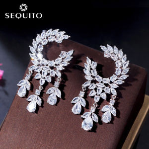 SEQUITO Trang Sức Dự Tiệc Cô Dâu Chất Lượng Cao Hoa Tai Thả Tua Rua Dài Hình Chuông Gió Đá Zirconia AAA Mạ Vàng Trắng Đính Hôn SE627