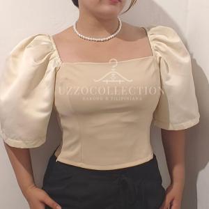 HABLON New Puff Sleeves Square Neck Casual Modern Filipiñana Top Blouse Cotton Beige Champagne Comfort Light