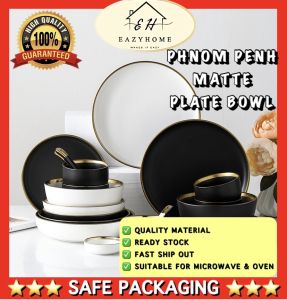 SUPERRCUP CERAMIC PHNOM PENH MATTE PLATE PINGGAN ANGGUN HITAM PUTIH EMAS CORAK OVEN & MICROWAVE
