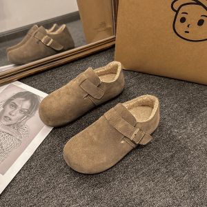 [Free Shipping] Soft Leather WomenS Slip-On Sandals 2026 New Spring And Autumn Style Fleece-Lined Flat-Soled Cotton Slippers For Women
