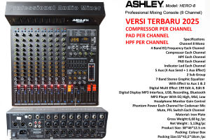 Mixer ASHLEY HERO 8  IORIGINAL / Mixer Audio Ashley HERO8 ORIGINAL /Mixing Console  8 Channel Effect Reverb 199 Dsp Edit A Edit B Compressor