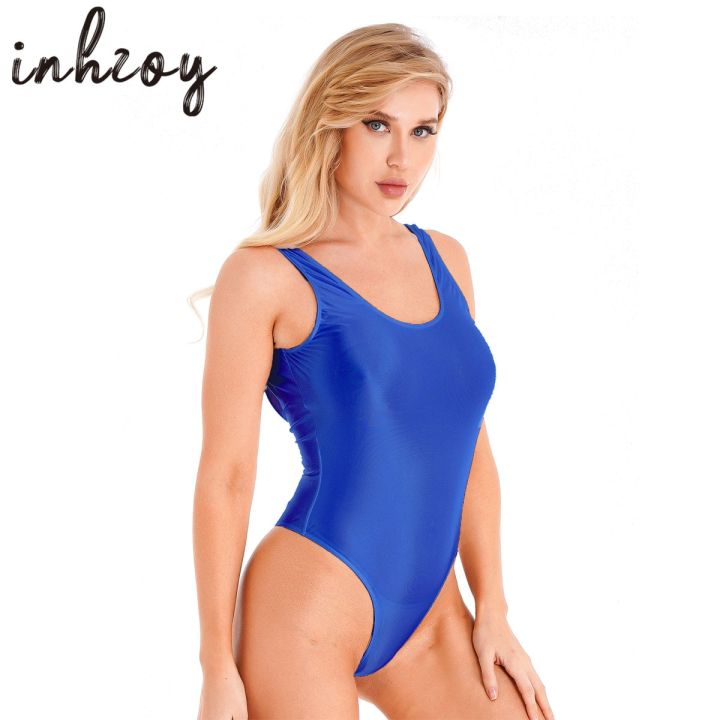 Womens Glossy High Cut Bodysuit Oil Shiny Backless Thong Leotard Swimsuit  Swimwear Workout Fitness Bathing Suit Rave Clubwear