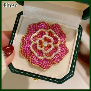 Fitow Retro Micro-inlaid Rhinestone Rose Red Camellia Brooches For Women Clothing Coat Jewelry Accessries Gifts