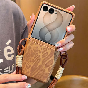 Women Girls Cute Maillard Brown Leopard Hinge Protection Hand Strap Leather Hard PC Shockproof Case for Samsung Galaxy Z Flip 8 CaseZ Flip 7 CaseZ Flip 6/Z Flip 7 FeZ Flip 5