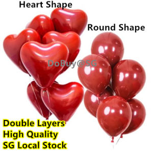 🔥SG LOCAL STOCK🔥High Quality Double Layers 10inch Ruby Red Color Balloon Round Shape Heart Shape