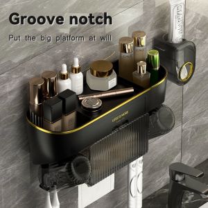 （special offer） Non-punching 2 in 1 Roll Paper Box Toothpaste Dispenser With Toothbrush Holder Wall