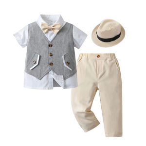 Rolanko Baby Boys Suit Kids Fashion Shirt Pants Hat Bow Tie Set Wedding Birthday Costume Childrens Casual Daily Wear