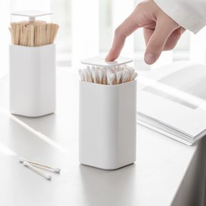 BEAUTYLASS Spring Cover Push Type Toothpick Box Divided Automatic Pops Up Cotton Swab Storage Case Creative Non-slip Bottom Tooth Pick Containers Kitchen