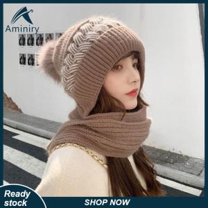 Aminiry[Love sports] Womens Korean Hooded Scarf Winter Hats Woman Cold Protection Warm Scarf Hat Cute Fur Ball Ear Protection Thickened Knitted Hat
