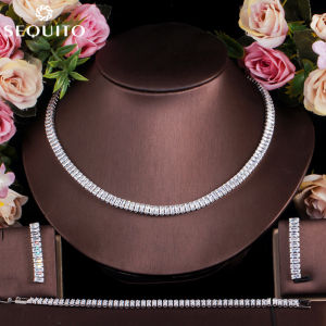 SEQUITO Sparkling Clear CZ Baguette Earrings Necklace and Bracelet Simple Fashion 3Pcs Jewelry Set for Bridesmaid SJ177
