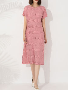 Pleated Dress Solid Color Handmade Lotus Leaf Pleated High-Grade round Neck Pullover Mid-Length #20240645