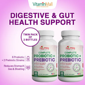 TWIN PACK - Nutri Botanics Prebiotic Probiotic Supplement with 6 Probiotics Strain - Reduce Stomach Gas & Bloating - Promote Gut Health