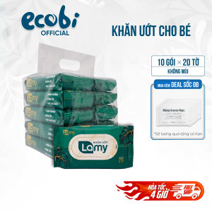 Thùng 10 gói khăn ướt Lamy cao cấp dành cho em bé không cồn không parabens gói 20 tờ