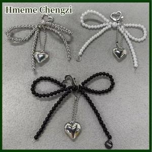Hmeme Temperament Sweet Bowknot Heart Pendant Keychain Fashion Beaded Phone Charm Bow Phone Lanyard Bag Decoration Accessories Gifts