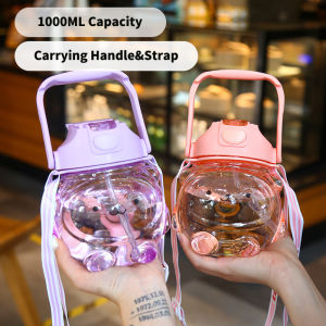【COD】1L Cute Chubby Bear Water Bottles With Straw Portable Crossbody Sling Strap Pop-up Drinking Jar For Kids School Picnic On-the-go Trip Use