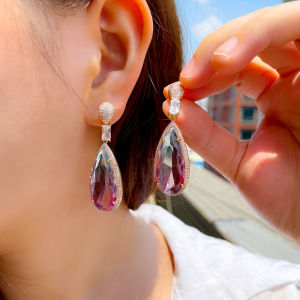 SEQUITO Personality Holiday Jewelry Natural Mystical Rainbow Blue Pink Cubic Zircon Stone Setting Gold Color Big Long Tear Drop Boho Dangle Earrings for Women SE529