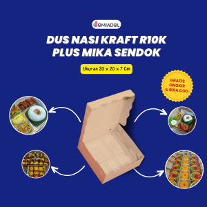 Box Dus Nasi Kotak R10 Kraft Premium Plus Mika Sendok - Ukuran 20x20x7 (100 Pcs)