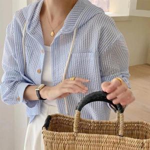 Korean Striped Long Sleeved Sun Protection Jacket Loose Contrast Color Hoodie For Women