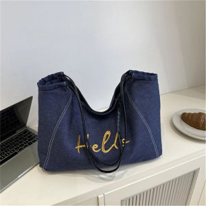 ZEFAN 【COD】กระเป๋าดีนิมรีโทรเกาหลีสำหรับผู้หญิง กระเป๋าไหล่จดหมายขนาดใหญ่ใหม่เดินทางถุงแม่ใต้แขน