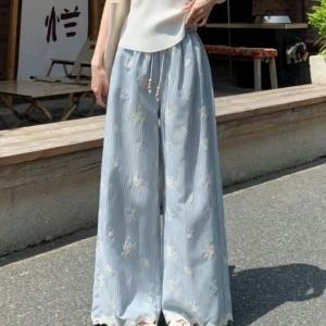 Vintage Blue Striped Embroidered Wide-Leg Pants WomenS Summer High-Waisted Lace Stitching Casual Straight Trousers