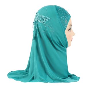 COUPLECOL Ice Silk Kids Hijab Breathable Lace Rhinestone Decor Little Girls Turban Stylish Soft Stretch Headscarf Girls Aged 2 to 6Y