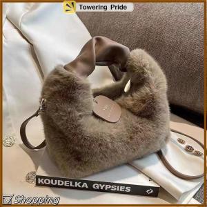 [Towering Pride] Women Plush Handbags Ruched Handle Small Lady Shoulder Crossbody Bag Casual Tote Half-Moon Hobos Winter Bags