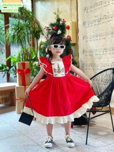 Váy Đầm đỏ xòe rộng tay bồng cánh tiên phối màu kem xinh xắn cho bé 8 - 22kg
