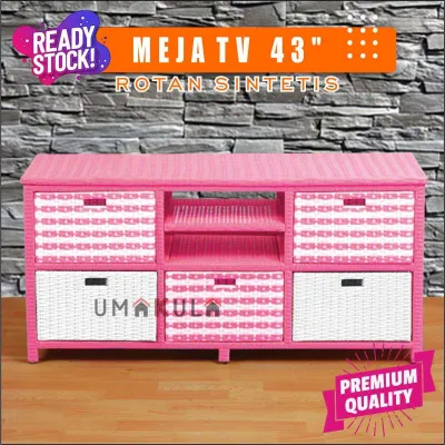 Meja TV 43 Inci Rotan Sintetis Rak Lemari Bufet Buffet Minimalis Serbaguna Cantik Estetik Murah