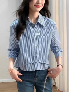 AMMIN Korean Style Simple Lapel Fashion Vertical Striped Print Blue Commuter Shirt for Women 2025 Autumn New Irregular High-End Design Single-Breasted Long Sleeve Elegant Blouse