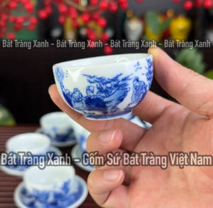 Bộ Ấm Pha Trà Men Lam Chóp Lửa Khay Chữ Nhật Bát Tràng Trúc Lâm Thất Hiền - Ấm Dung Tích 330ML