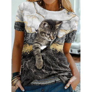 [Local Stock] ZEEMIN Summer Cute Cat 3D Print T-Shirts Women New Casual O-Neck Short Sleeve T Shirt Y2k Harajuku Streetwear Tees Tops Female Clothing