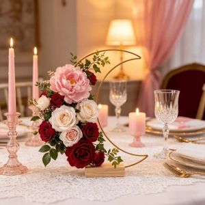 EDHO5 DIY Heart Shape Wreath Frame Hollow Out Moon Shape Metal Hoop Centerpiece Desk Ornaments Wooden Base Wedding Flower Garland Wedding Decor