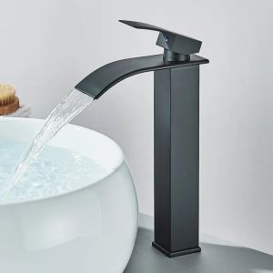 QUITE Waterfall Basin Faucet Black Bathroom Faucet SUS304 Bath Hot & Cold Water Faucet Basin Faucet Bottom Mounted Washbasin