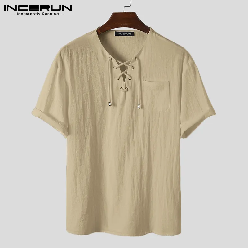 INCERUN Mens Linen Cotton Shirt Short Sleeve Lace Up V-Neck Hippy Tops  Solid Beachwear Shirt (Western Style)