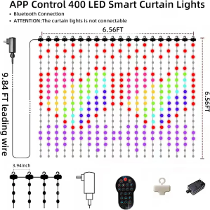 400LEDs Smart Curtain Lights Bluetooth App LED String RGB Fairy Lights DIY Music Change Display for Window Bedroom Decoration
