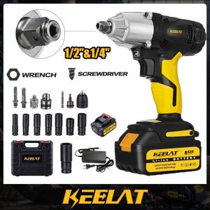 KEELAT KID005 Impact Wrench Cordless Wrench 1/2"&1/4" Electric Wrench Drill 2 In 1 Socket Battery Screwdrive Drill Bits
