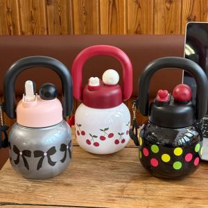 YERZ Cherry Bowknot Kids Water Sippy Cup Large Capacity Double Drink Straw Water Bottle Cute Leakproof Portable Drink Bottle Home/School