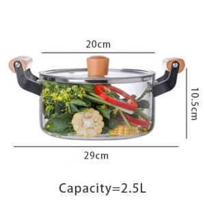 JustLiving 1PC 2.5/3.5/4.5/5.5L Glass Stockpot High Borosilicate Glass Stock Pot with Wooden Handles Kitchen Utensils Heat-resistant Glass Cooking Pot with Cover Clear Soup Pot