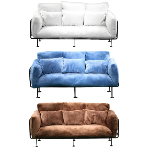 Iron Frame Sofa Model Figurine Display Furniture with Soft Velvet Cushion for 1/6 Scale Doll House Model Project Decors