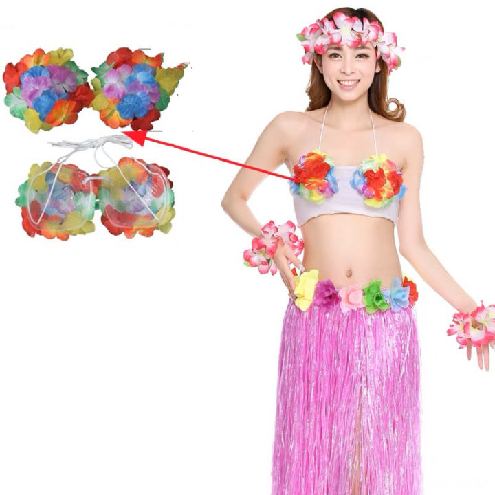 Women Hawaiian Hula Skirt Bra Flower Dancing Dress Brassiere
