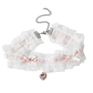 Lace Rhinestones Bowknot Heart Pendant Chokers Necklace Alloy Sturdy Chain for Daily Occasions